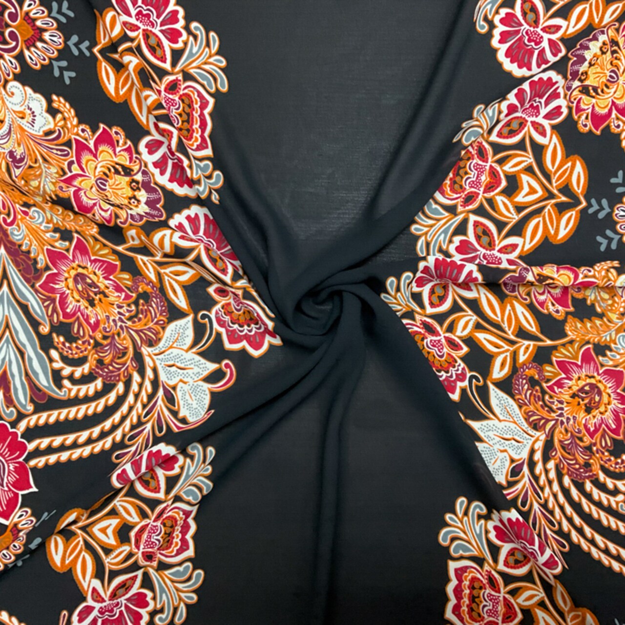 Black-Orange-Multi Poly Floral Stripe Printed Chiffon Woven Fabric By the Yard